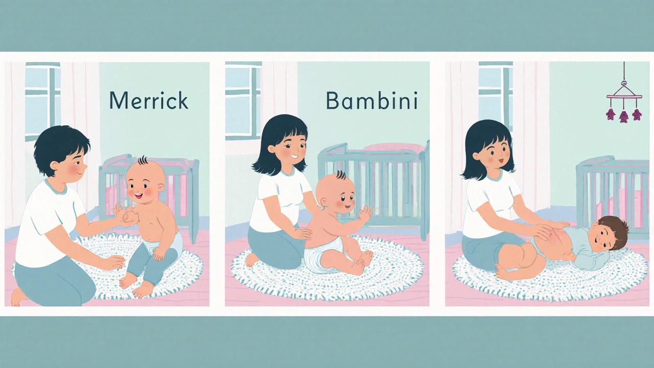 Ilustrace tří masážních technik Merrick, Bambini a relaxace pro batolata.