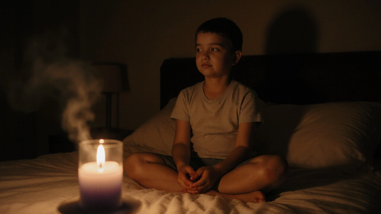 Klidná postava v meditační pozici u svíčky a difuzéru v ložnici.