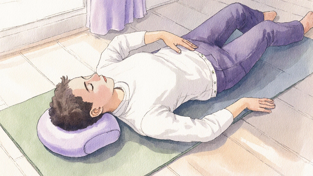 Osoba leží na podložce a provádí Dornovu metodu s polštářkem pod hlavou.