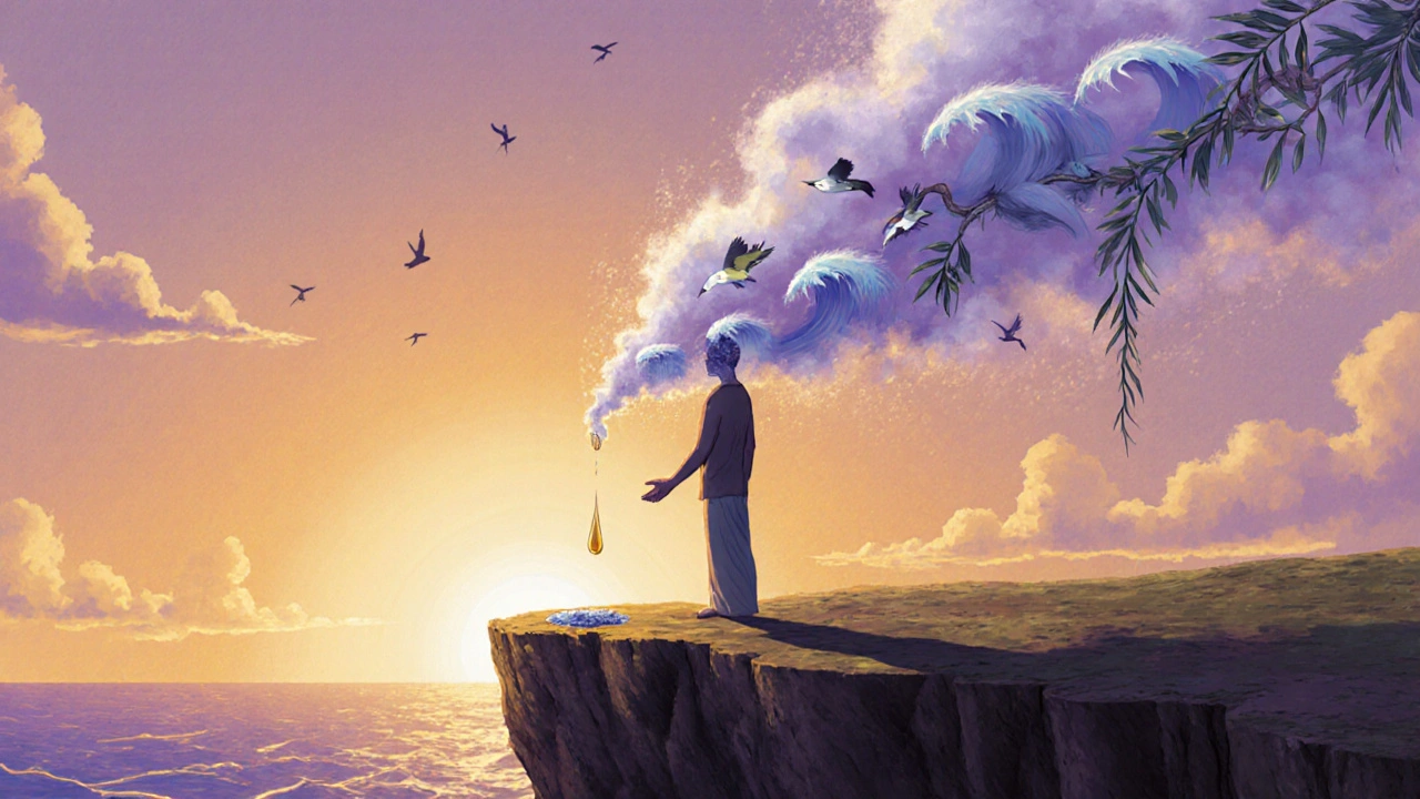 Surreální scéna osoby, jejíž tělo se mění v mlhu a vlny, symbolizující uvolnění a celistvost.