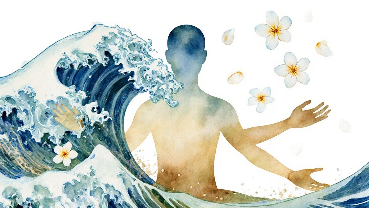 Vodní kresba znázorňující tělo rozpuštěné v energii vln a přírodních prvků.