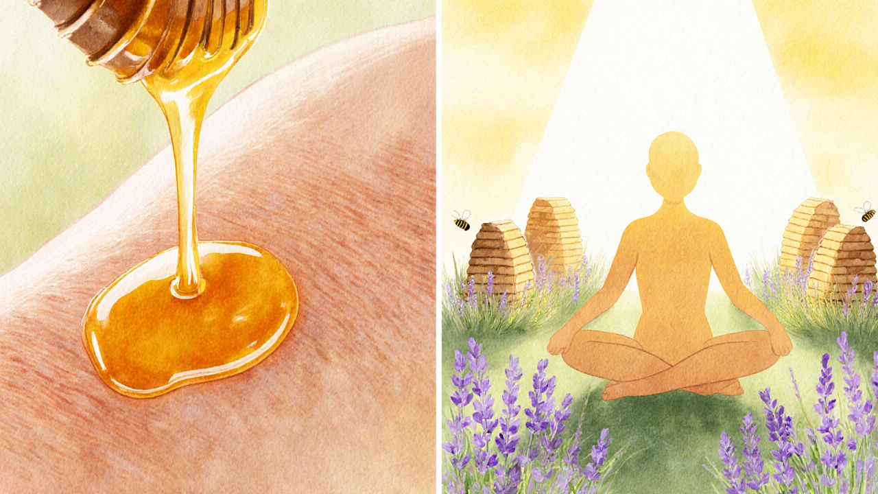 Vodovážová ilustrace ukazující výhody medové masáže: zdravá pokožka a relaxovaná postava v louce.