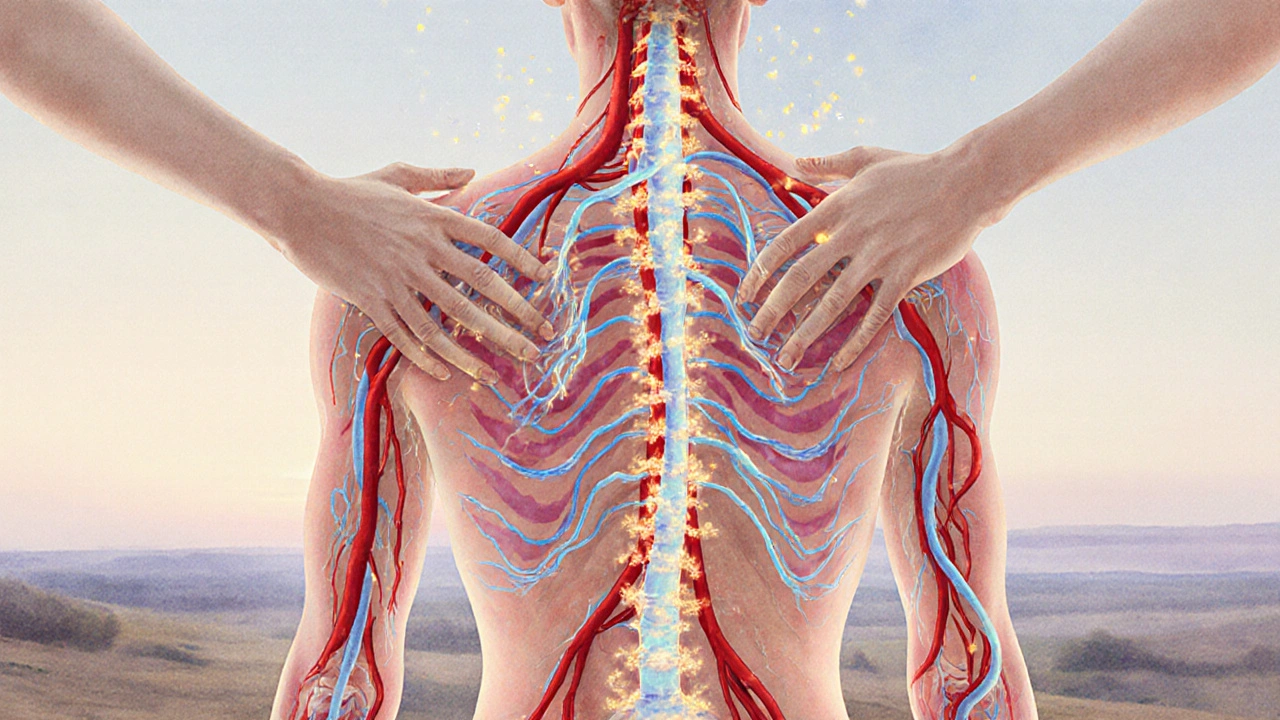 Abstraktní ilustrace těla s proudy krve a lymfy obnovovanými jemným masážním dotykem.