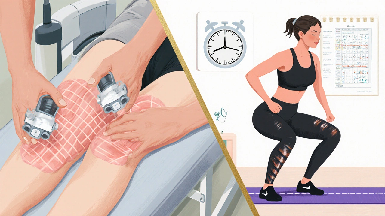 Dvě scény: masáž v klinice a cvičení doma – porovnání dočasného a trvalého efektu.