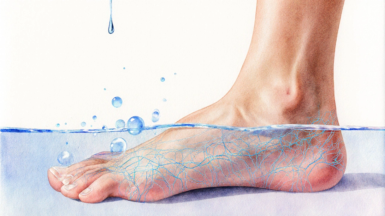 Koncepční obraz nohy s propojenými tkáněmi a kapkou vody, která vyhlazuje nerovnosti.