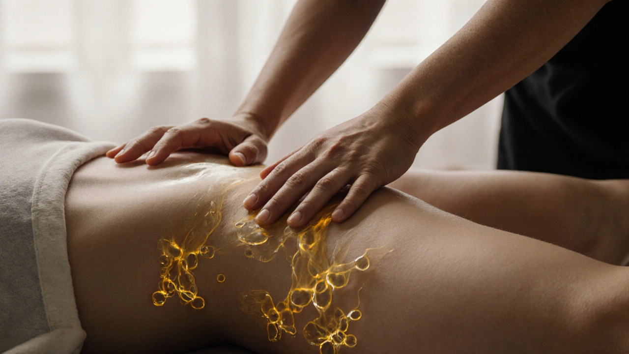 Osoba podstupující jemnou lymfatickou masáž s viditelným prouděním lymfy pod kůží.