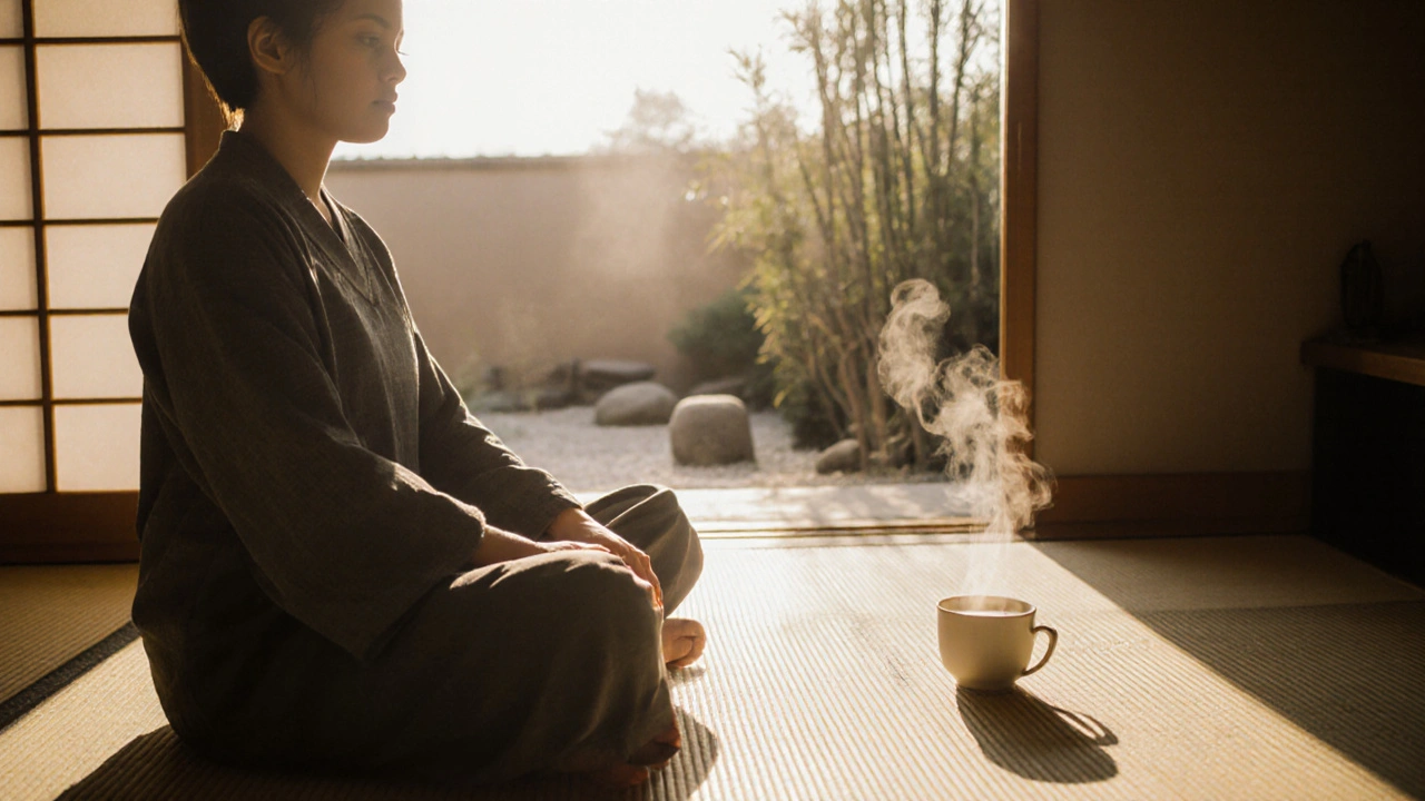 Osoba sedí na matu a tlačí na břicho u bodu CV12, ráno, v klidné prostředí.