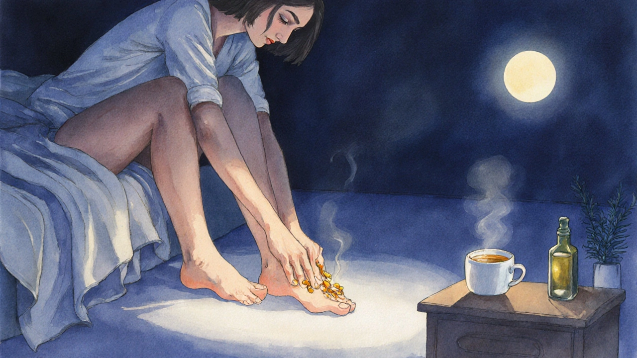 Osoba si masíruje nohy v posteli večer s olejem a čajem na nočním stolku.