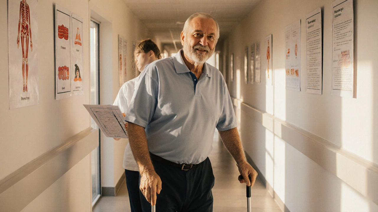 Pacient s hůlkou klidně chodí, ukazující zlepšenou pohyblivost po léčbě.