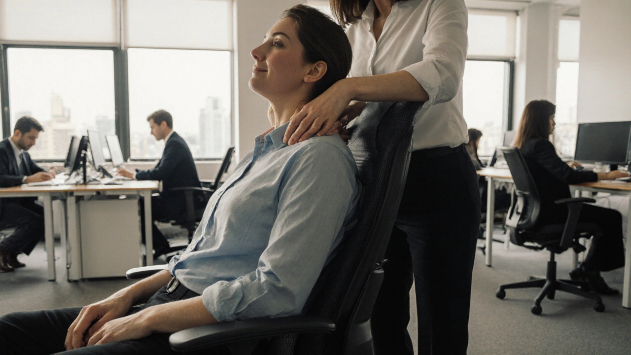 Pracovník dostává krátkou masáž na židli v kanceláři během pauzy.