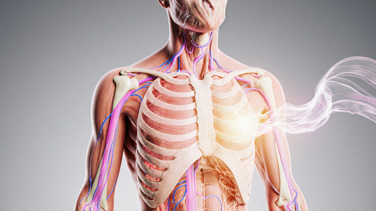 Průřez tělem ukazující rozdíl mezi napjatými a uvolněnými tkáněmi.