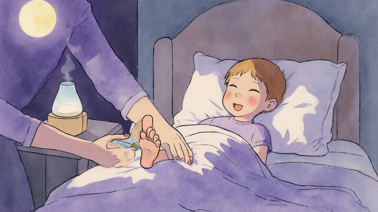 Rodič masíruje nohy dítěte před spaním s lavandou v klidné dětské ložnici.