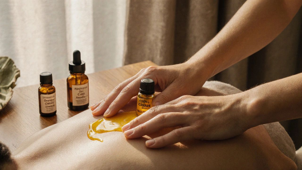 Ruce aplikují citrusový olej na záda v přirozeném osvětlení s viditelnými oleji na stole.