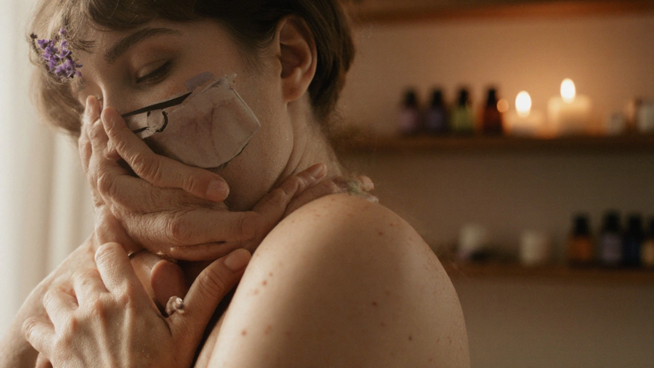 Ruce na hrudi s očima zavřenými, tvář v klidu, s jemným leskem olivového oleje.