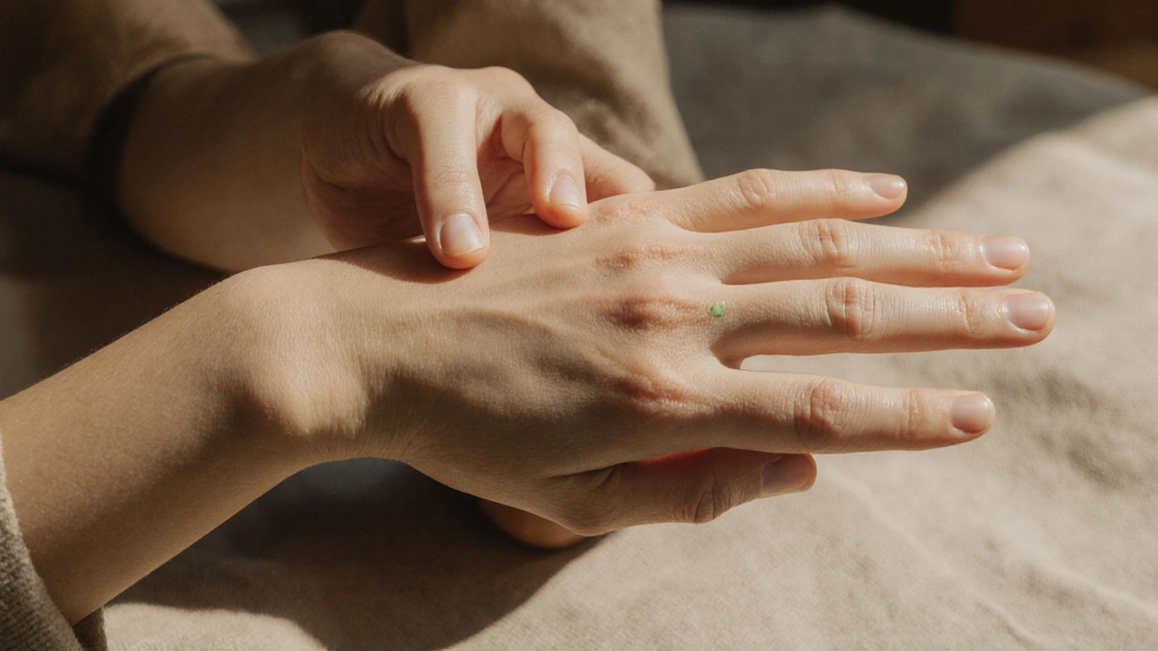 Ruka tlačí na vnitřní stranu zápěstí u bodu HT7, oči zavřené, klidná nálada.