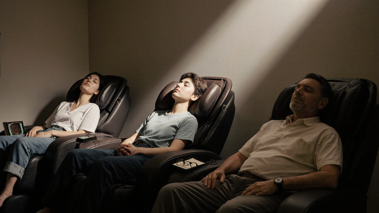 Různí lidé v klidu na masážních židlích v tišině, všichni v chvíli odpočinku.