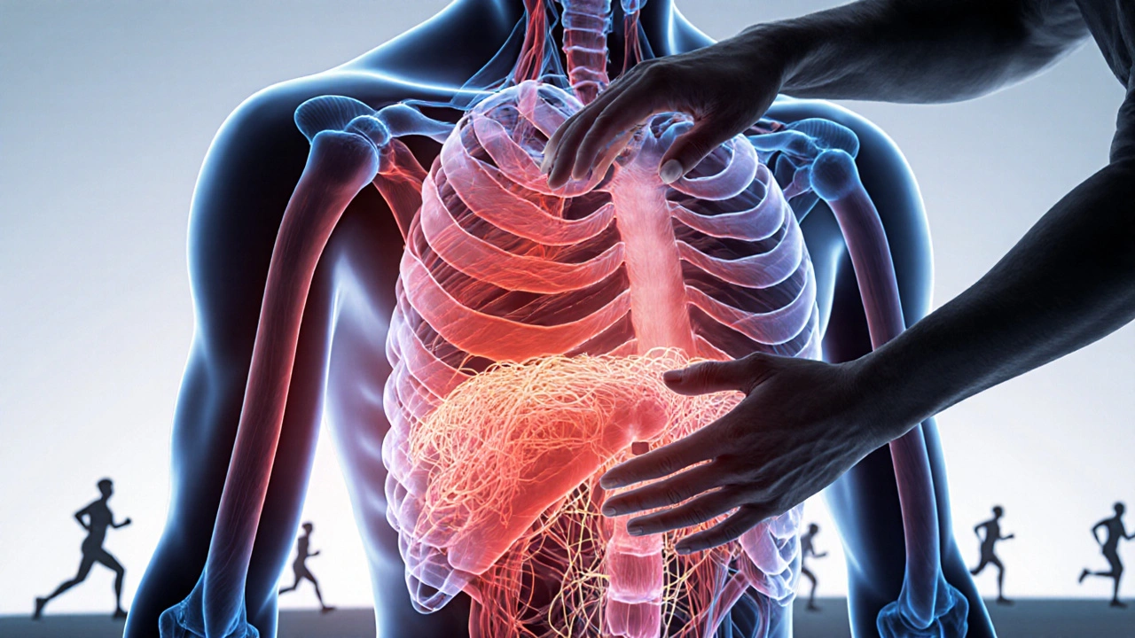 Transparentní ilustrace těla s aktivací krevního oběhu a lymfatického systému při sportovní masáži.