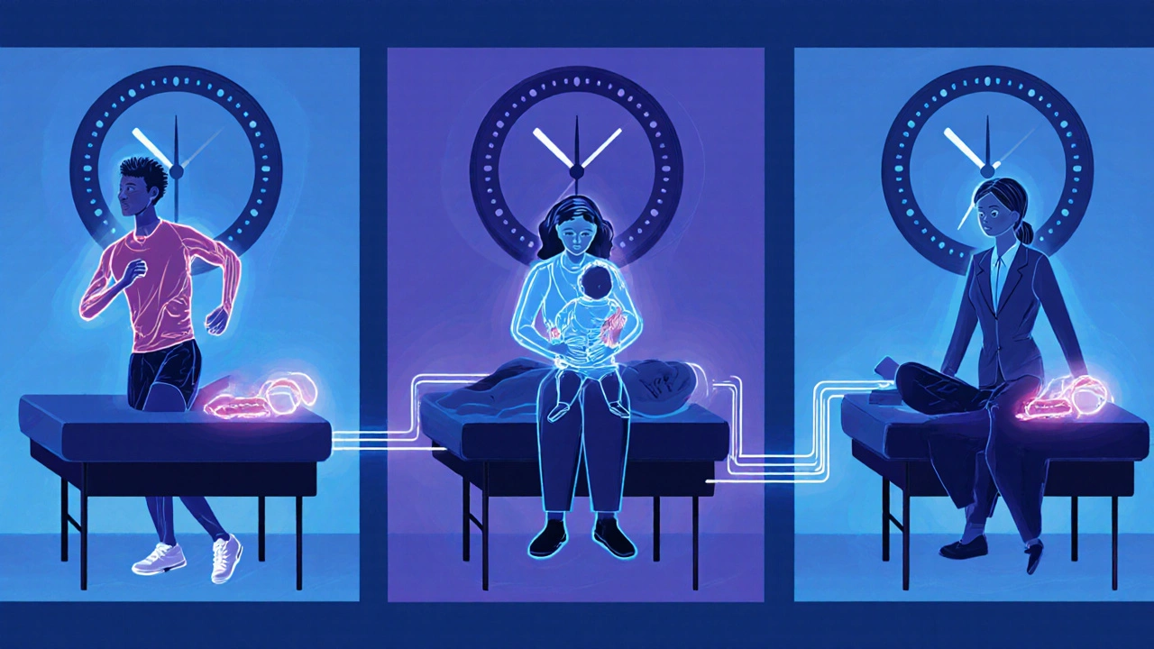 Tři různí lidé v klidu během regenerační masáže, symbolizující obnovu po různých typech únavy.