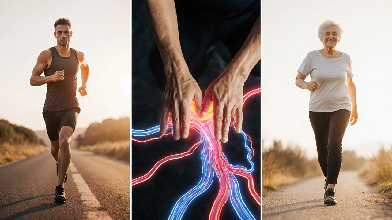 Tři scény spojené světelnými čarami: běžec, cyklista a starší osoba s lepší pohyblivostí.