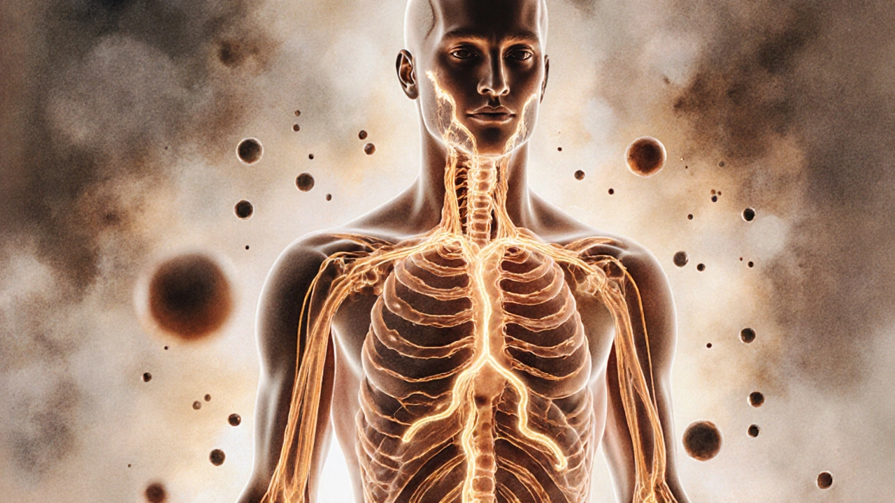 Zářící lymfatické cesty v těle s pohybem tekutiny směrem k lymfatickým uzlům.