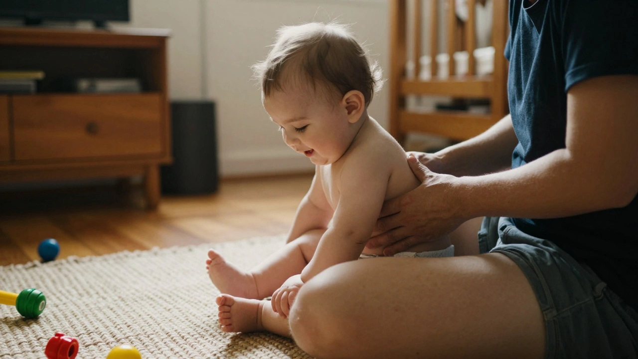 Desetiměsíční dítě sedí na kolenou rodiče, který mu jemně masíruje záda.