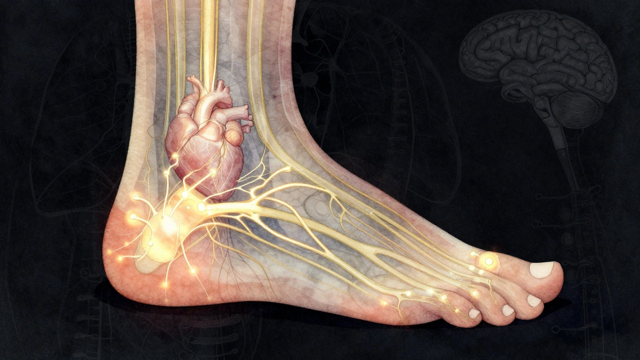 Diagram chodidla s označenými reflexními body spojenými s orgány zlatými čarami.