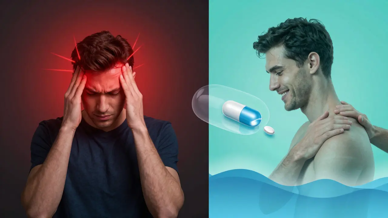 Dvě části obrázku: jedna ukazuje migrénu, druhá klid po léčbě masáží a lékem.
