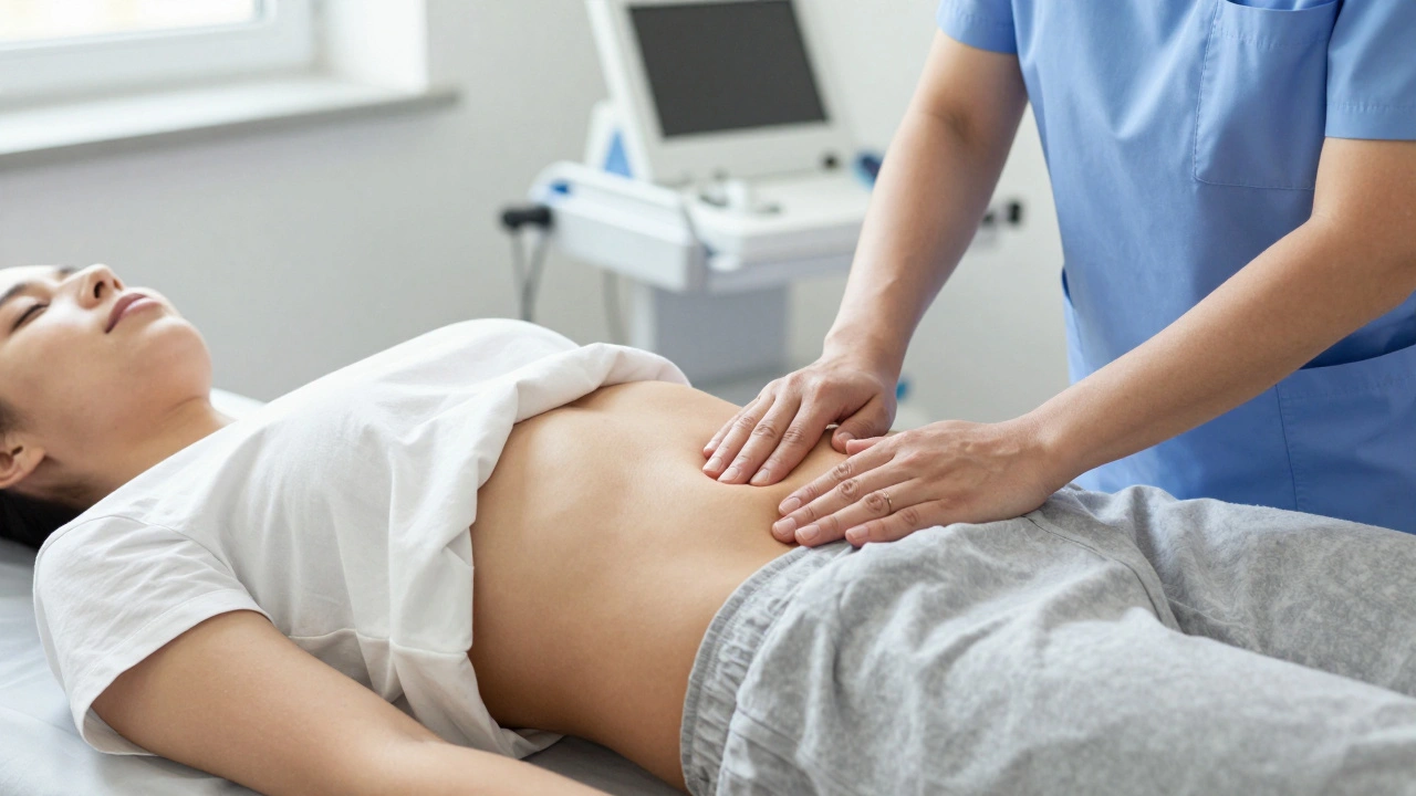 Fyziotherapeut vyšetřuje diastázi břišních svalů u nové matky.