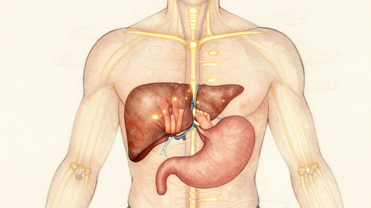 Glowing energetické meridiány na lidském těle s rukama stlačujícími akupresurní body.