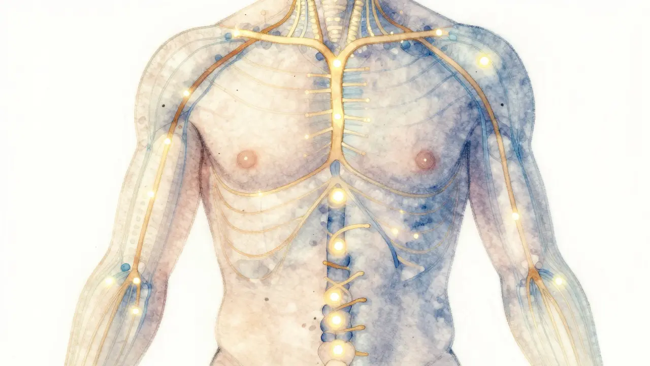 Glowing energetické meridiány na těle, znázorňující tok energie chi při shiatsu masáži.