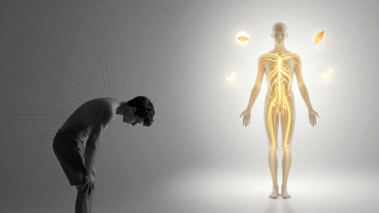 Konceptuální scéna: před a po shiatsu — napětí vs. volnost a proudění energie.