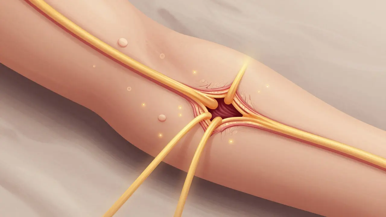 Křížový řez poškozené šlachy v lokti s přetokem krve při masáži.