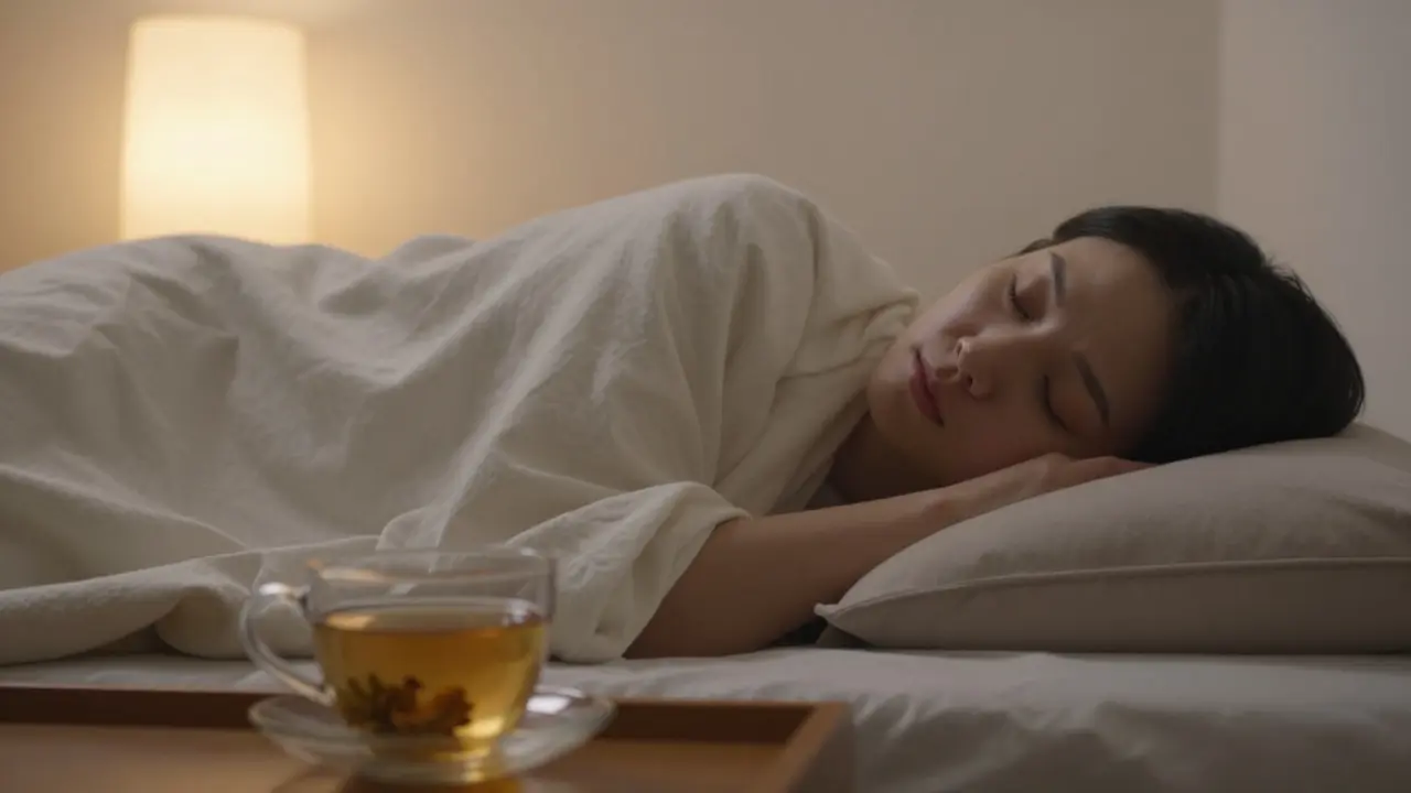Osoba klidně spí na posteli s nohama na polštáři, v pozadí čaj a teplé osvětlení.