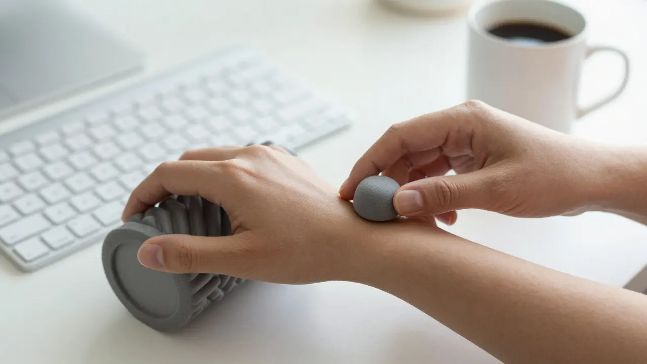 Osoba si doma pomáhá pěnovým valítkem na předloktí při odpočinku.