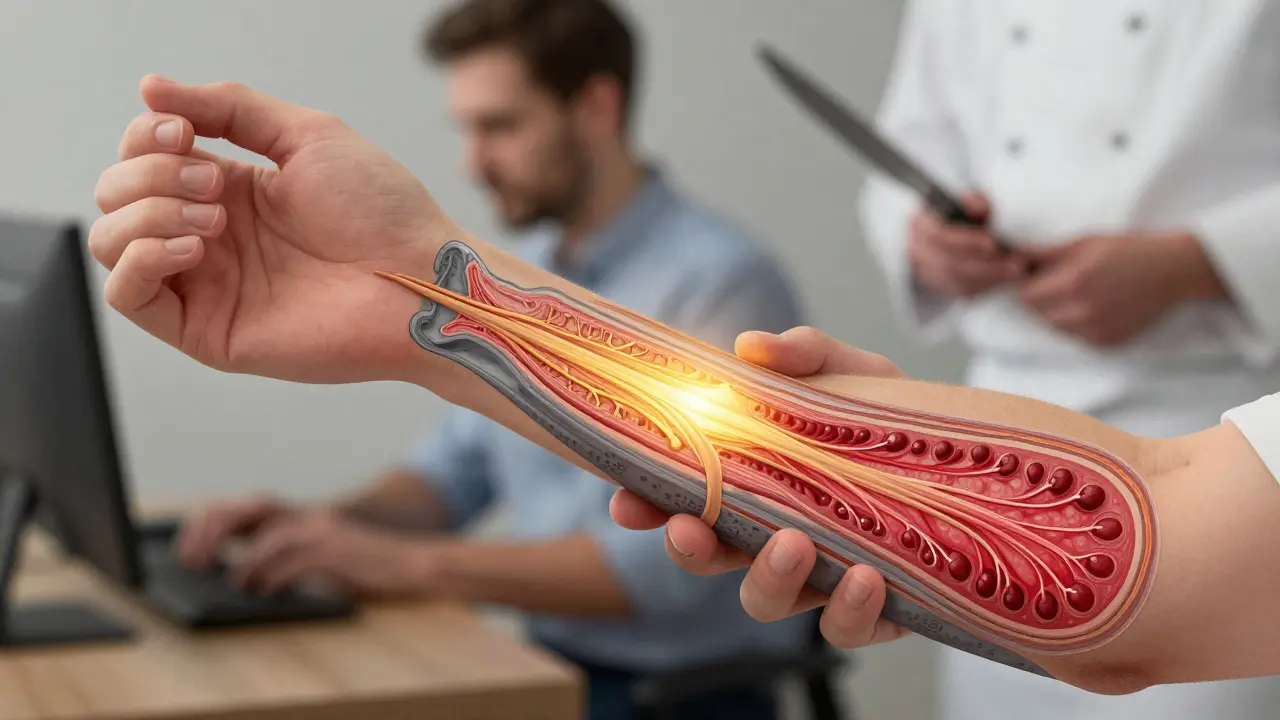 Přehled tkaniva předloktí s rozpadajícími se vazovými adhezemi a zlepšujícím se krevním oběhem.