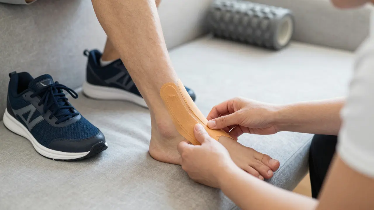 Připevňování kinesiologického pásu na oblouk nohy pro podporu při zánětu paty.