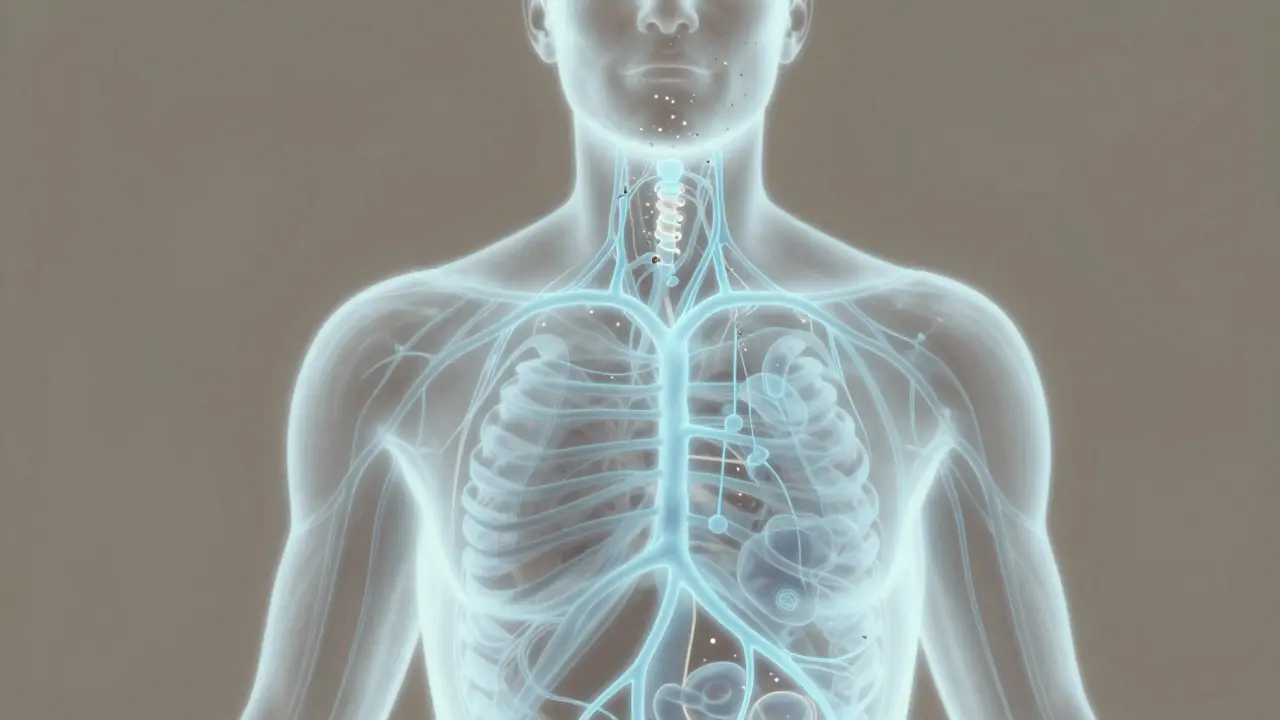 Průhledný lidský tělo s jemně zářícími lymfatickými cévami a proudícími toxiny.