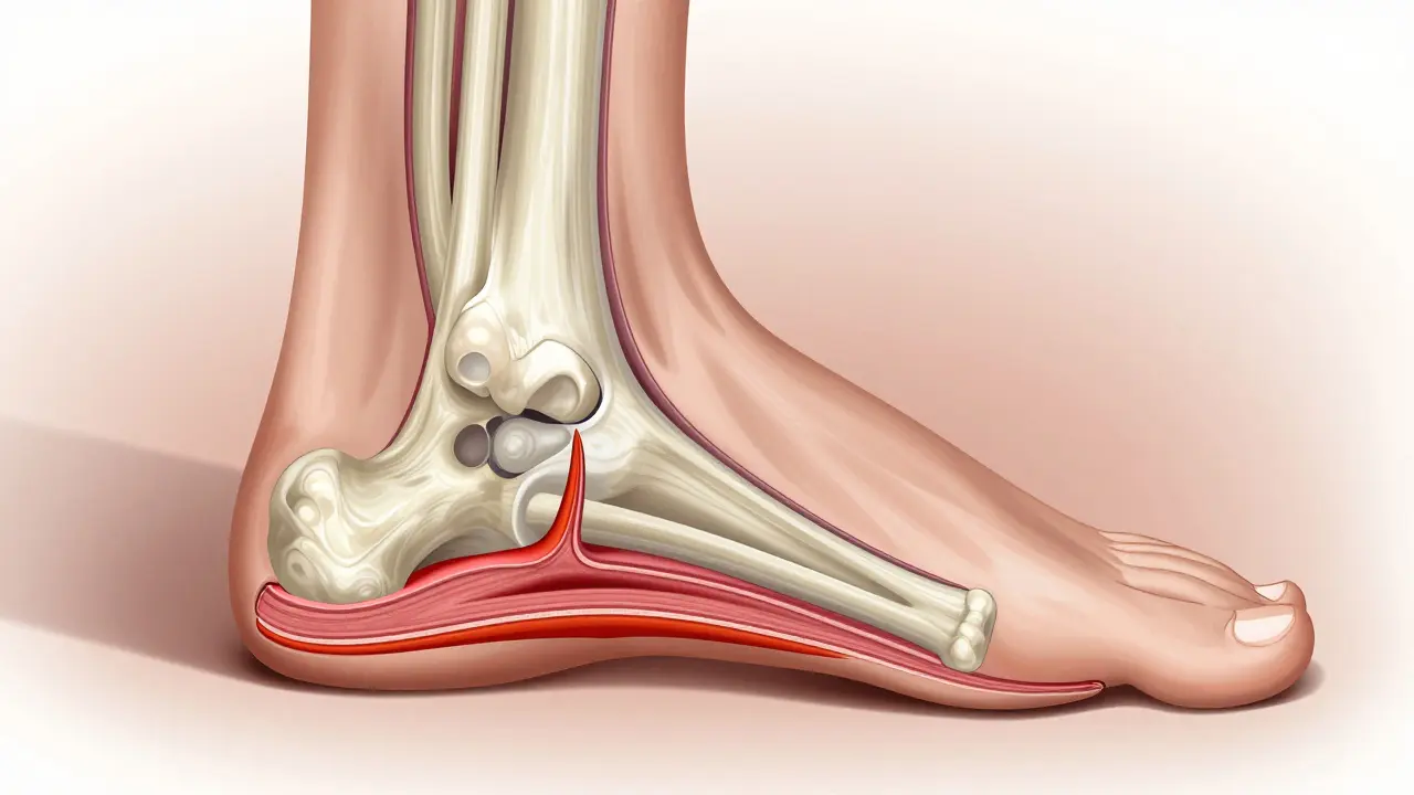Průřez nohou ukazující zánětlivé poškození plantární fascie.