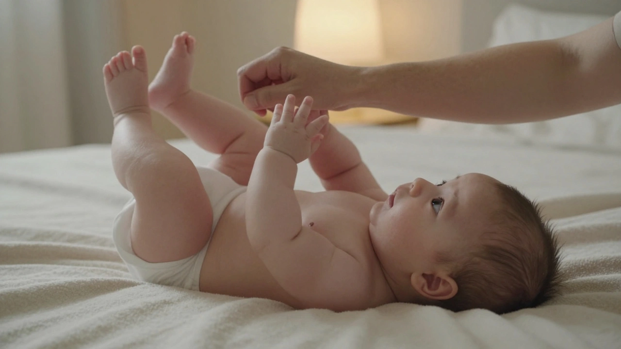 Rodič pomalu otáčí nožičky čtyřměsíčního dítěte na koberci.