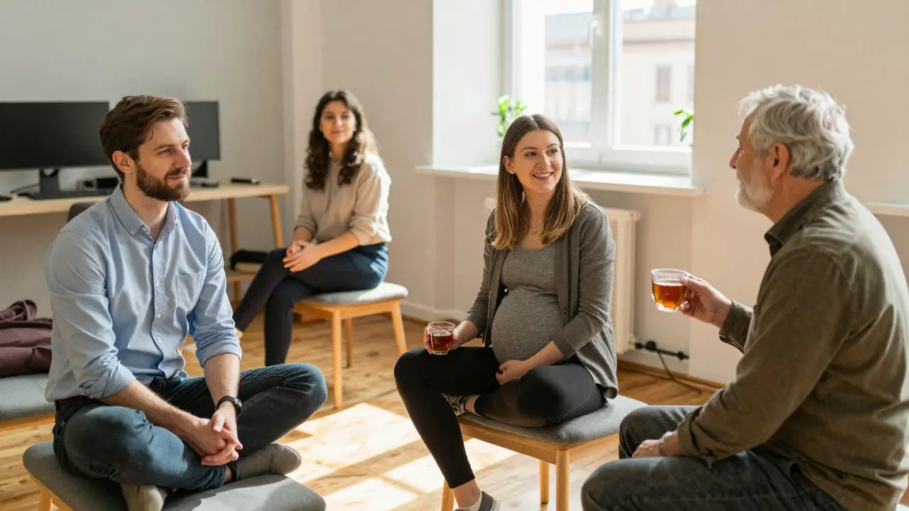 Různí lidé klidně odpočívají po sezení shiatsu, projevují uvolnění a klid.