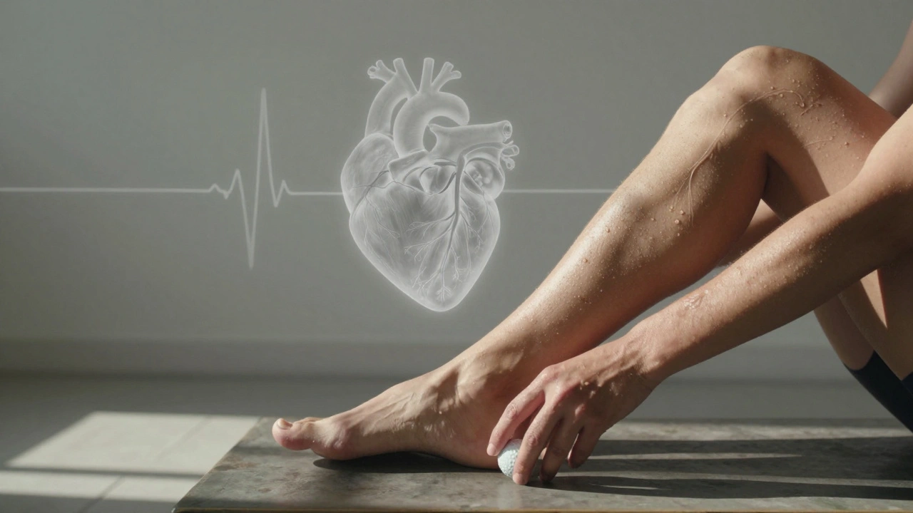 Sportovec používá golfový míček k masáži podpatku, symbolizující obnovu těla.