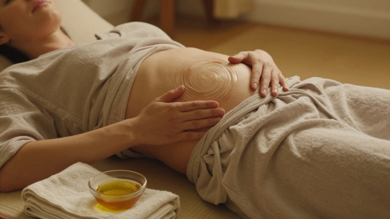 Žena provádí jemnou masáž břicha ve směru hodinových ručiček po porodu.