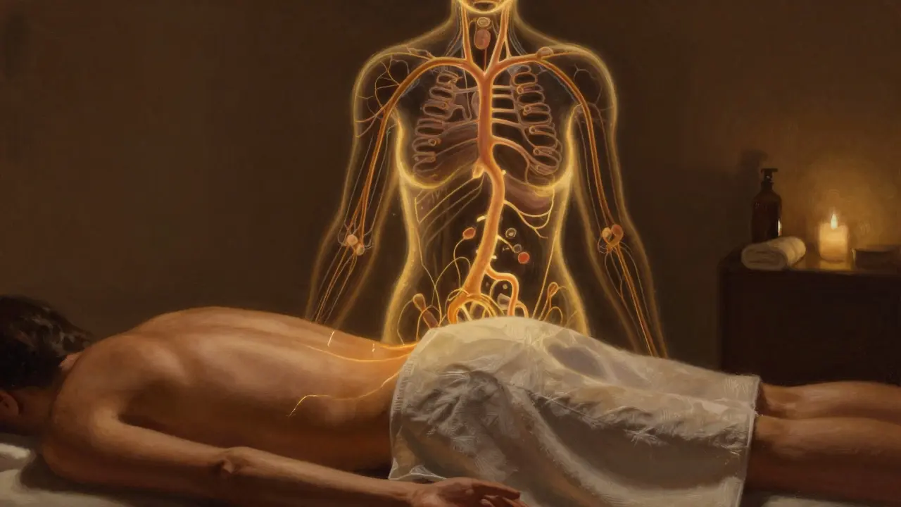 Abstraktní znázornění lymfatického toku pod kůží během anticeulitidní masáže.