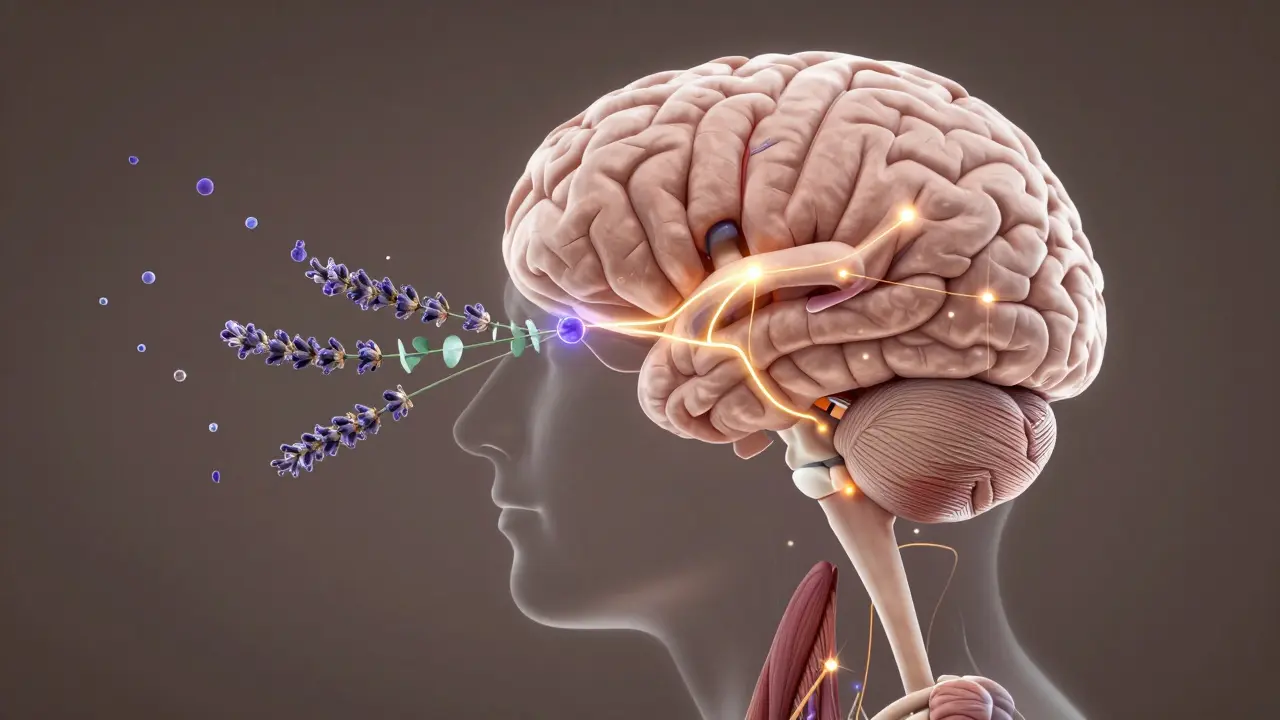 Ilustrace mozku s aktivním limbickým systémem ovlivněným vůněmi esenciálních olejů.