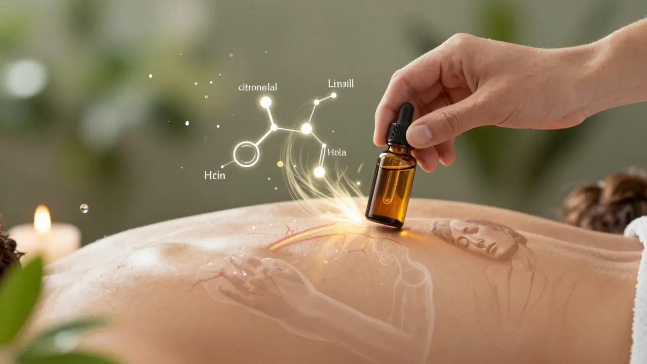 Ruka aplikuje olej na záda, s abstraktními částicemi symbolizujícími léčivé látky v těle.