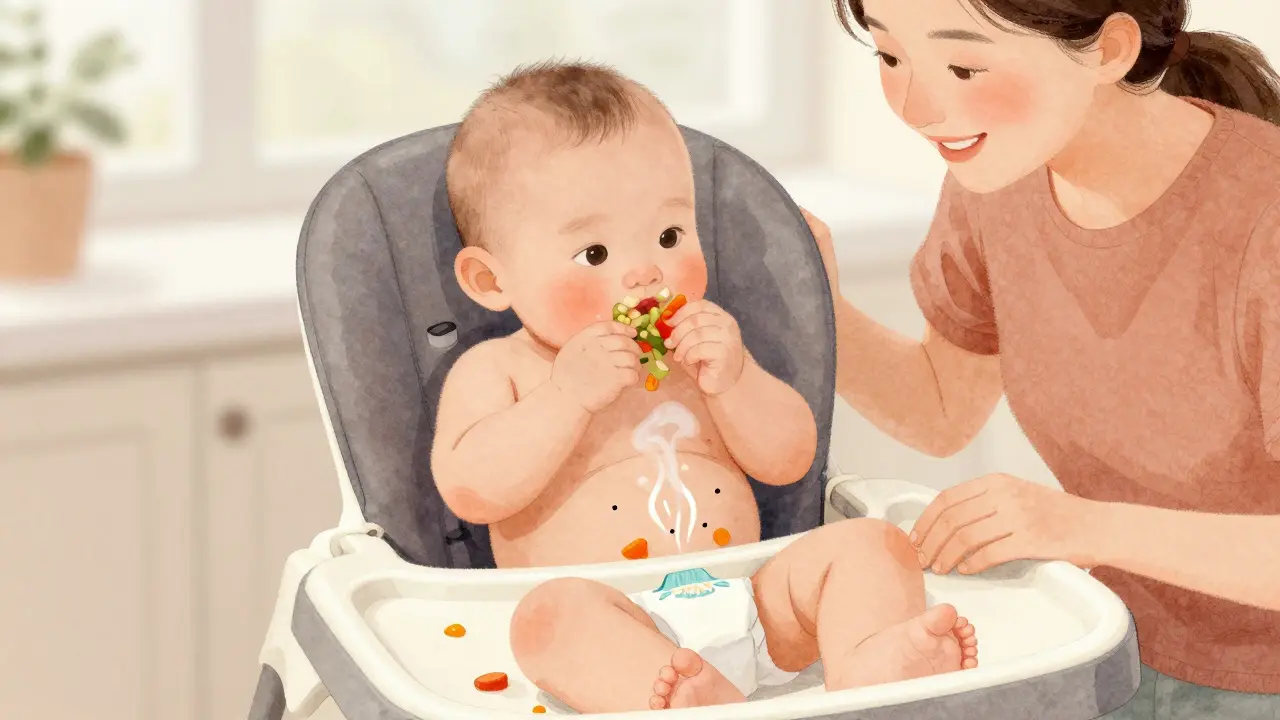 Šestiměsíční dítě jede zeleninu, jemné plynové výpary se zdvíhají.