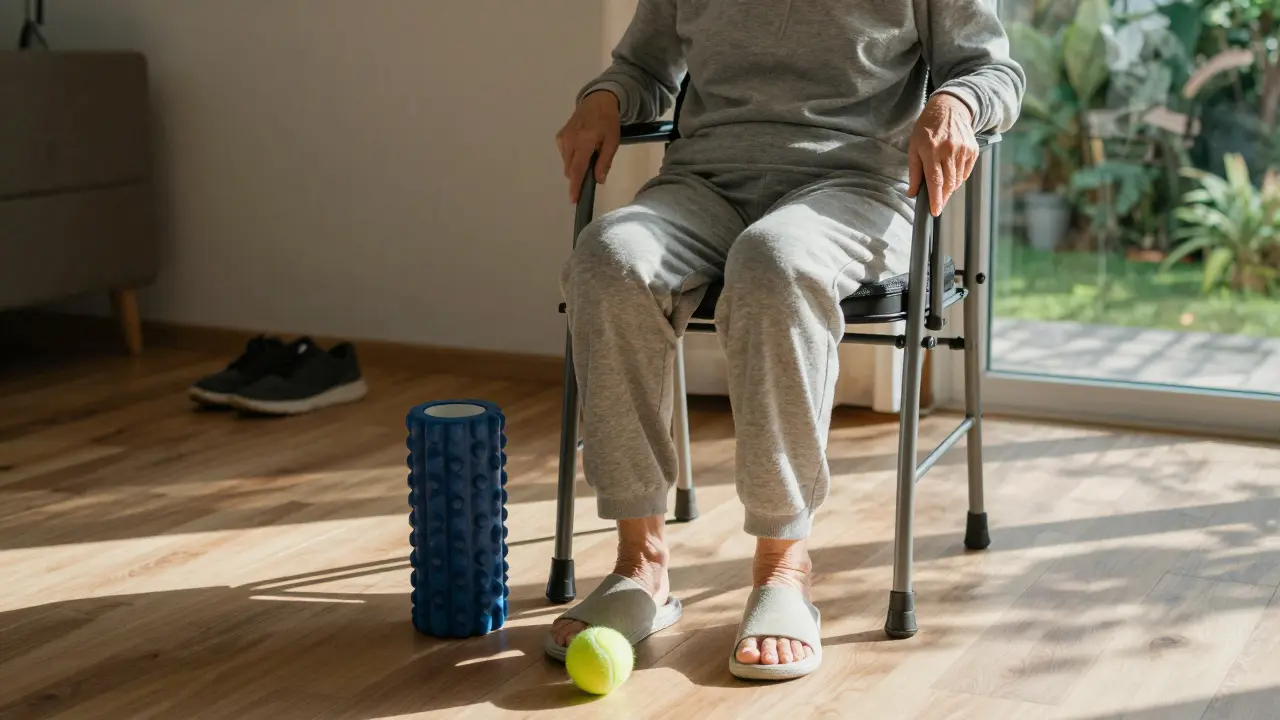 Starší osoba klidně vstává z křesla bez pomoci, znázorňující obnovu pohyblivosti.