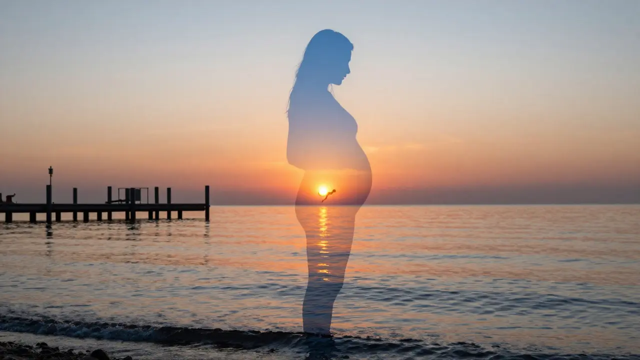 Symbolický obraz těhotné ženy jako klidného přístavu, kde její břicho je útočiště a dítě září uvnitř.