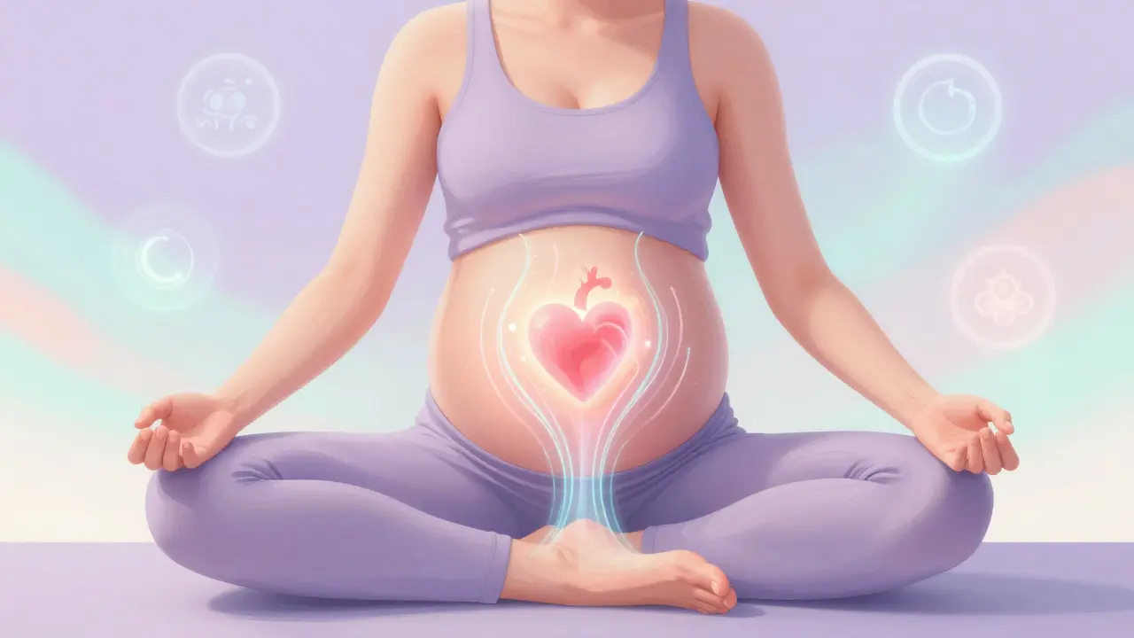 Těhotná žena v klidné pozici, s představou lymfatického odtoku a hormonální rovnováhy kolem jejího těla.