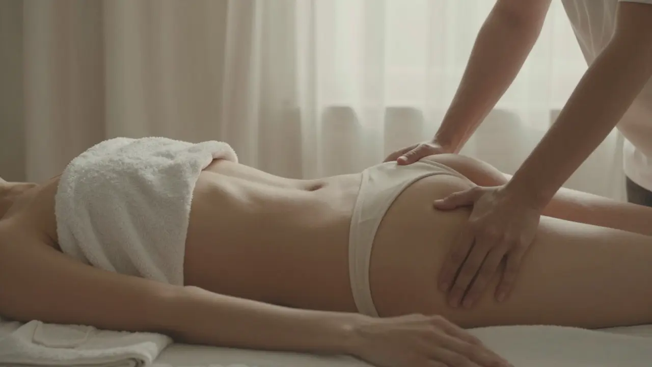 Žena v jednoduchých plavkách na masážním lůžku, pokrytá lněným ručníkem.